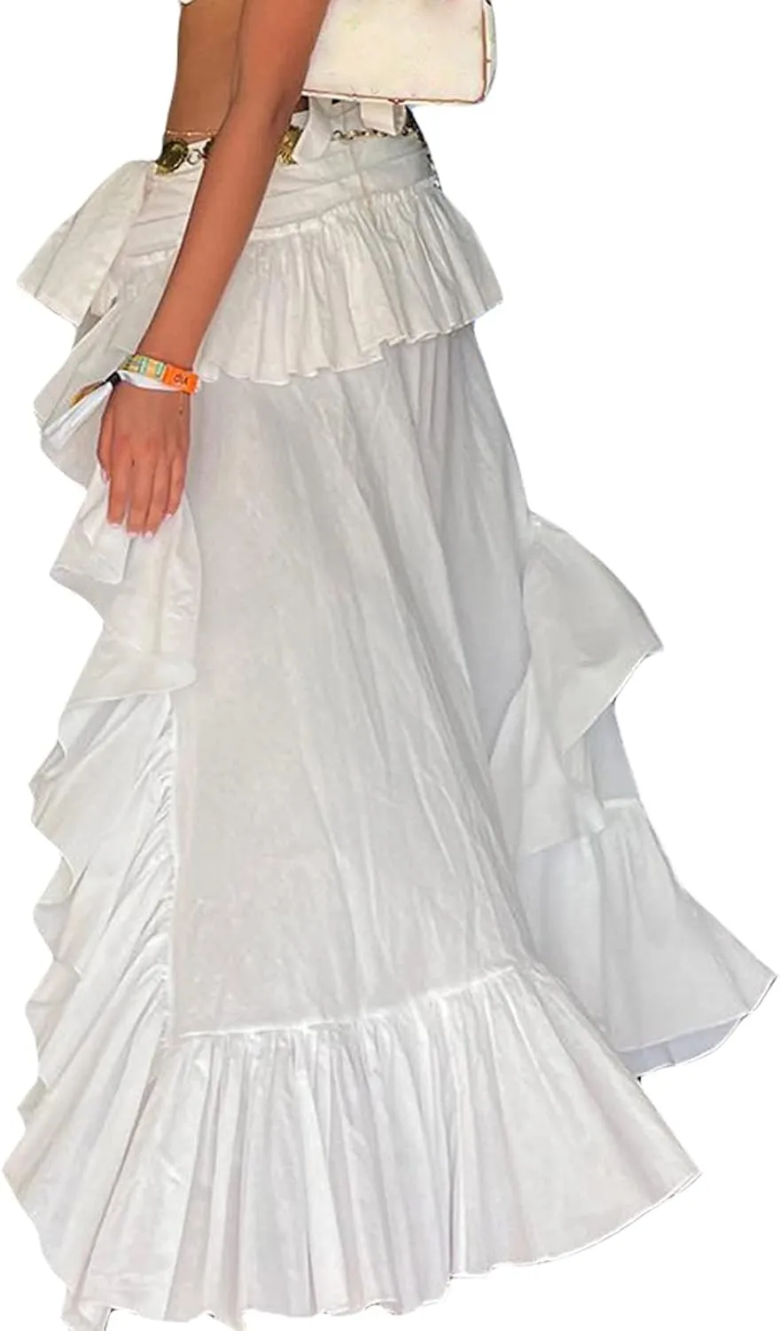 Womens Summer Boho Skirt Elastic Band Waist Flowy Skirt Irregular Ruffle Asymmetrical Midi Skirt