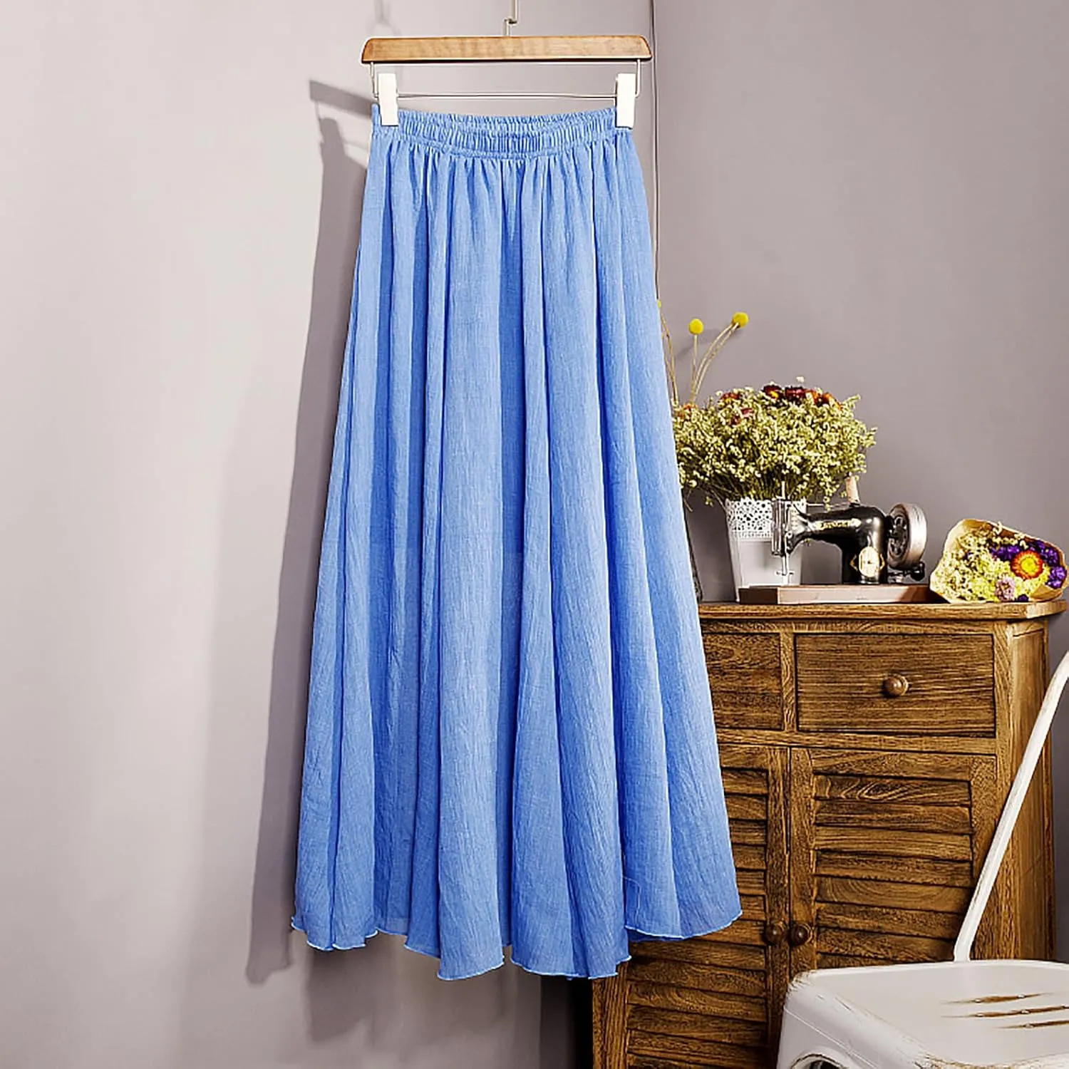 Womens Summer Linen Skirts Flowy Beach Skirts High Waist Pleated Skirts A-Line Cotton Skirts Long Vacation Skirts