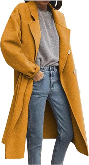 Womens Trench Coat Fall Winter Wool Coats Notch Lapel Double Breasted Oversized Midi Peacoat Trench Coats