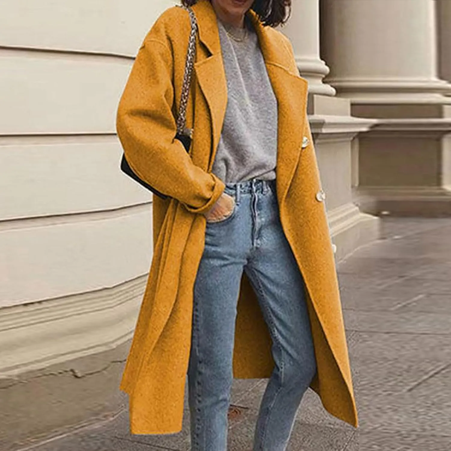 Womens Trench Coat Fall Winter Wool Coats Notch Lapel Double Breasted Oversized Midi Peacoat Trench Coats