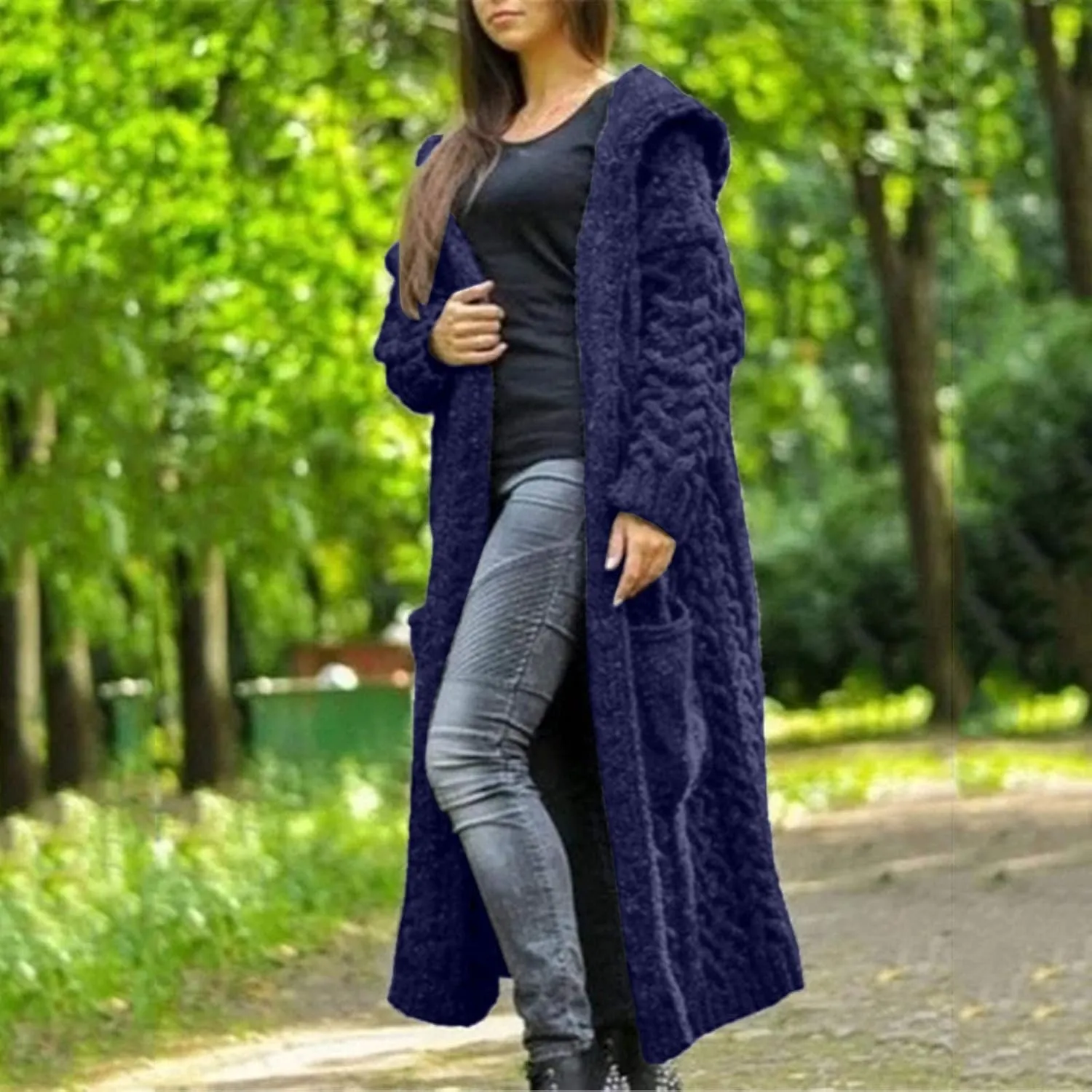 Women's Trench Coat Large Women Pocket Sweater Breasted Cardigan Hood Sleeves Women's Coat Woman Coat Wool Coats for