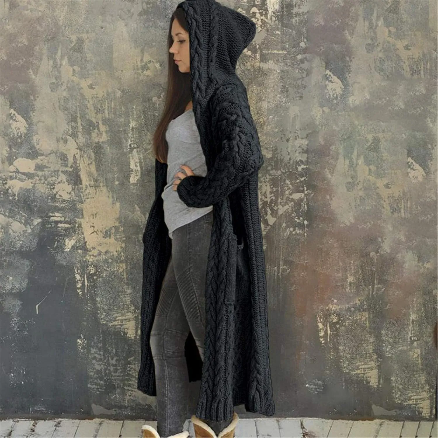 Women's Trench Coat Large Women Pocket Sweater Breasted Cardigan Hood Sleeves Women's Coat Woman Coat Wool Coats for