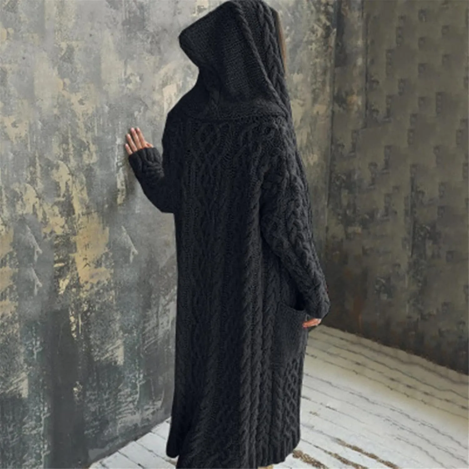 Women's Trench Coat Large Women Pocket Sweater Breasted Cardigan Hood Sleeves Women's Coat Woman Coat Wool Coats for