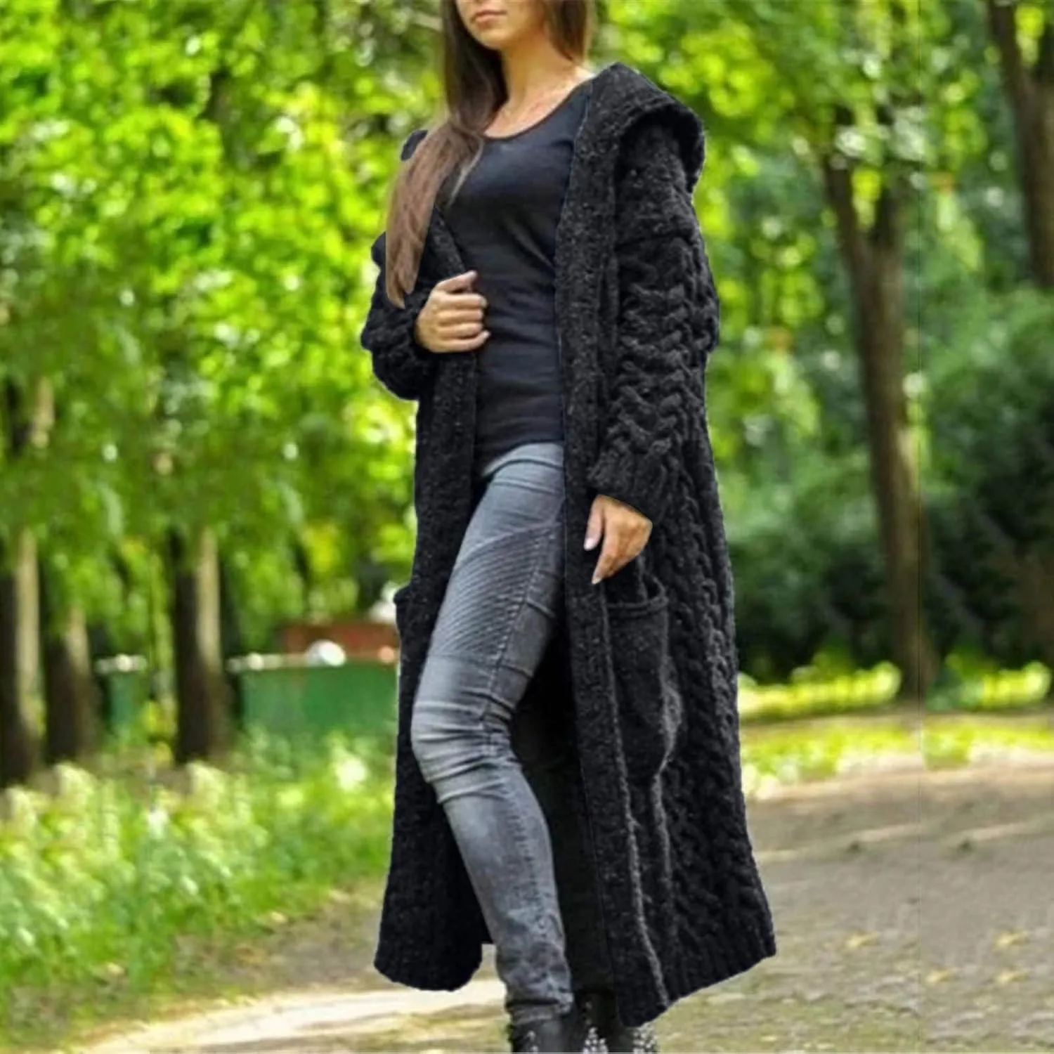 Women's Trench Coat Large Women Pocket Sweater Breasted Cardigan Hood Sleeves Women's Coat Woman Coat Wool Coats for