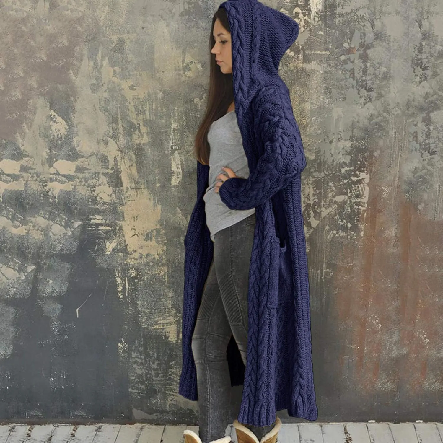 Women's Trench Coat Large Women Pocket Sweater Breasted Cardigan Hood Sleeves Women's Coat Woman Coat Wool Coats for