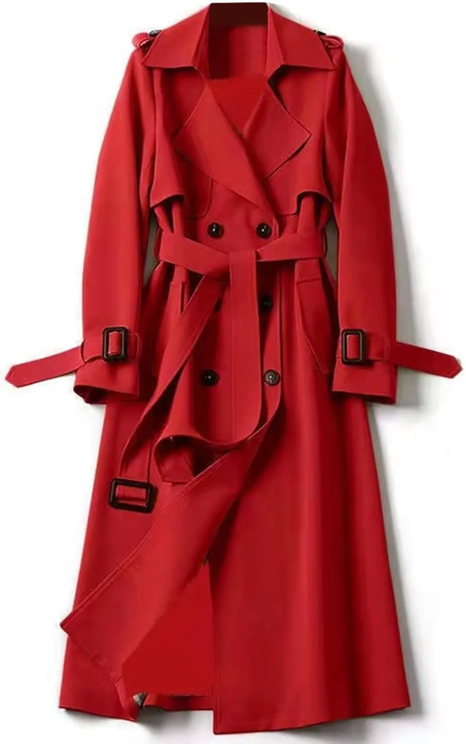 Womens Trench Coat Long Double Breasted Jacket Classic Elegant Windproof Lapel Overcoat with Belt Fall Winter Outwear