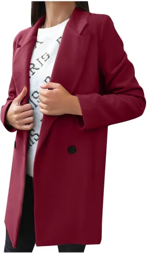 Womens Trench Coat Mid Length Notched Lapel Collar Double Breasted Pea Coat Wool Blend Winter Over Coats Jackets