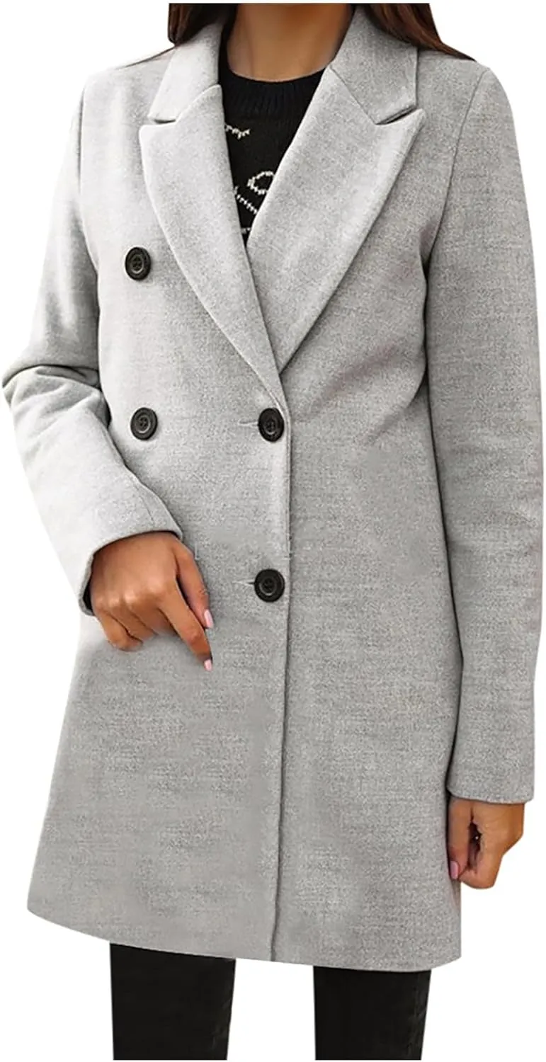 Womens Trench Coat Mid Length Notched Lapel Collar Double Breasted Pea Coat Wool Blend Winter Over Coats Jackets