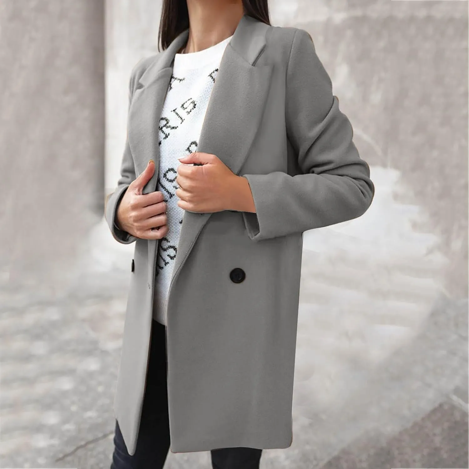 Womens Trench Coat Mid Length Notched Lapel Collar Double Breasted Pea Coat Wool Blend Winter Over Coats Jackets