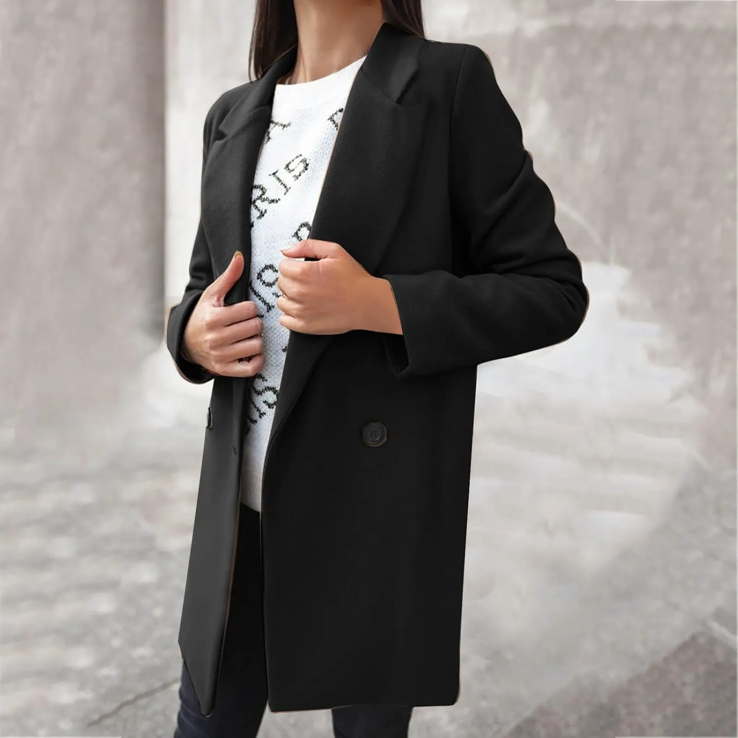 Womens Trench Coat Mid Length Notched Lapel Collar Double Breasted Pea Coat Wool Blend Winter Over Coats Jackets