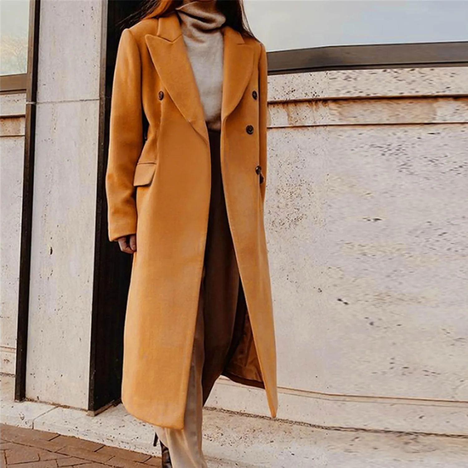 Womens Trench Coat Mid Length Notched Lapel Collar Double Breasted Pea Coat Wool Blend Winter Over Coats Jackets