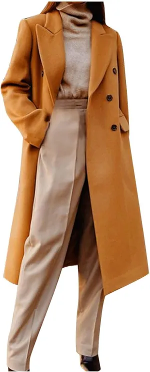 Womens Trench Coat Mid Length Notched Lapel Collar Double Breasted Pea Coat Wool Blend Winter Over Coats Jackets