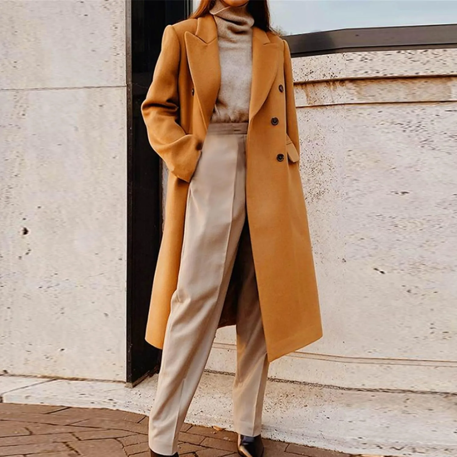 Womens Trench Coat Mid Length Notched Lapel Collar Double Breasted Pea Coat Wool Blend Winter Over Coats Jackets