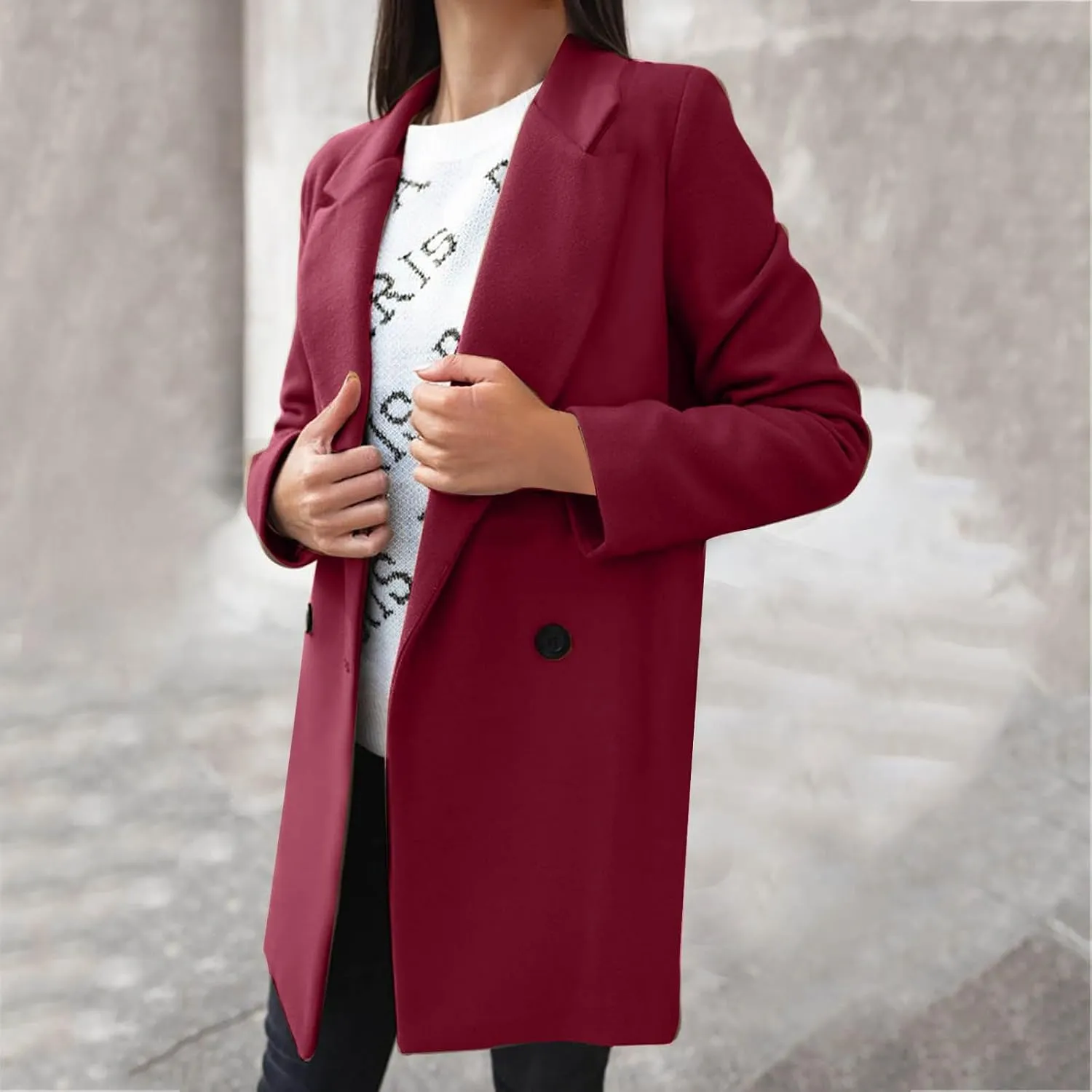 Womens Trench Coat Mid Length Notched Lapel Collar Double Breasted Pea Coat Wool Blend Winter Over Coats Jackets