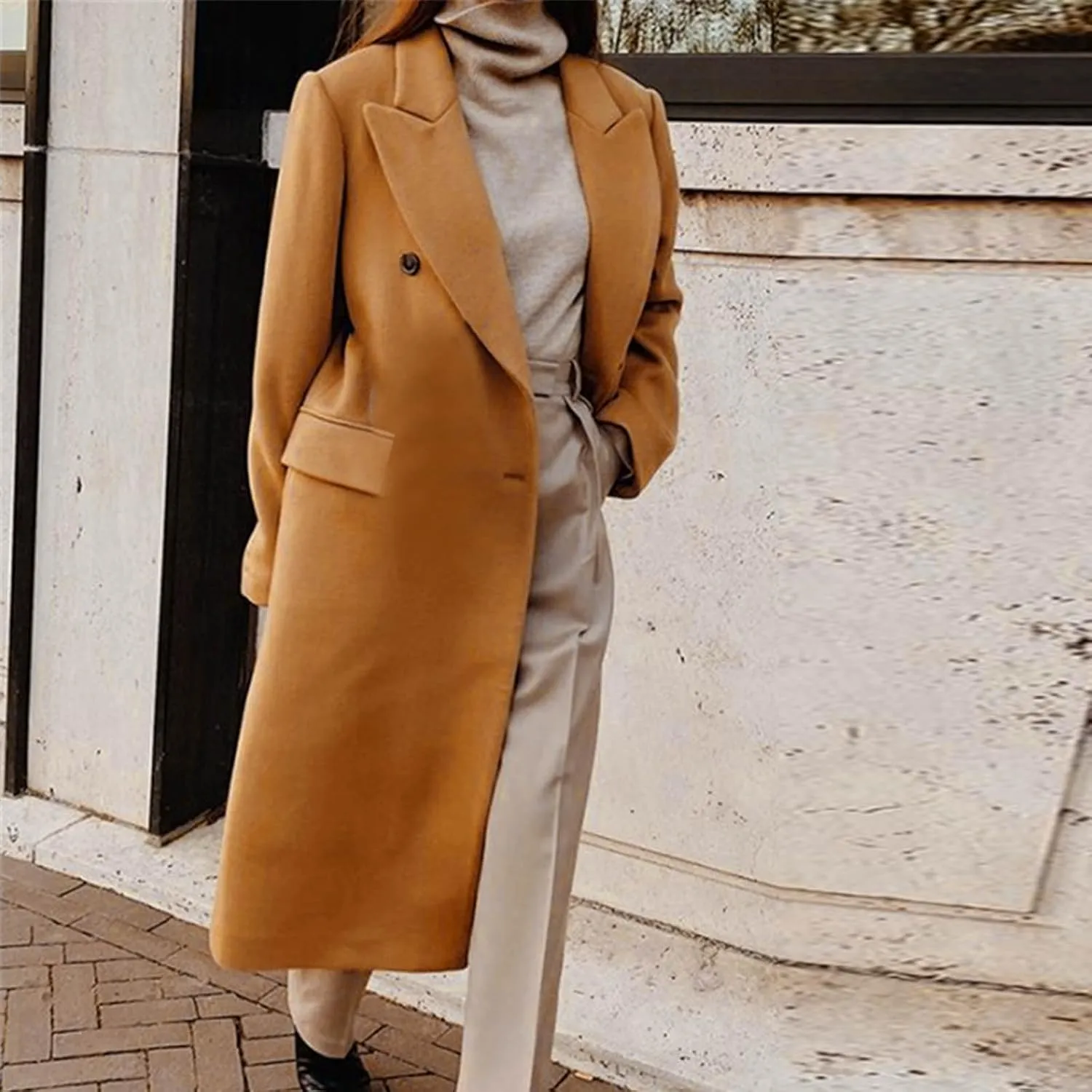 Womens Trench Coat Mid Length Notched Lapel Collar Double Breasted Pea Coat Wool Blend Winter Over Coats Jackets