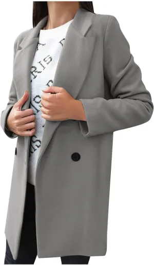 Womens Trench Coat Mid Length Notched Lapel Collar Double Breasted Pea Coat Wool Blend Winter Over Coats Jackets