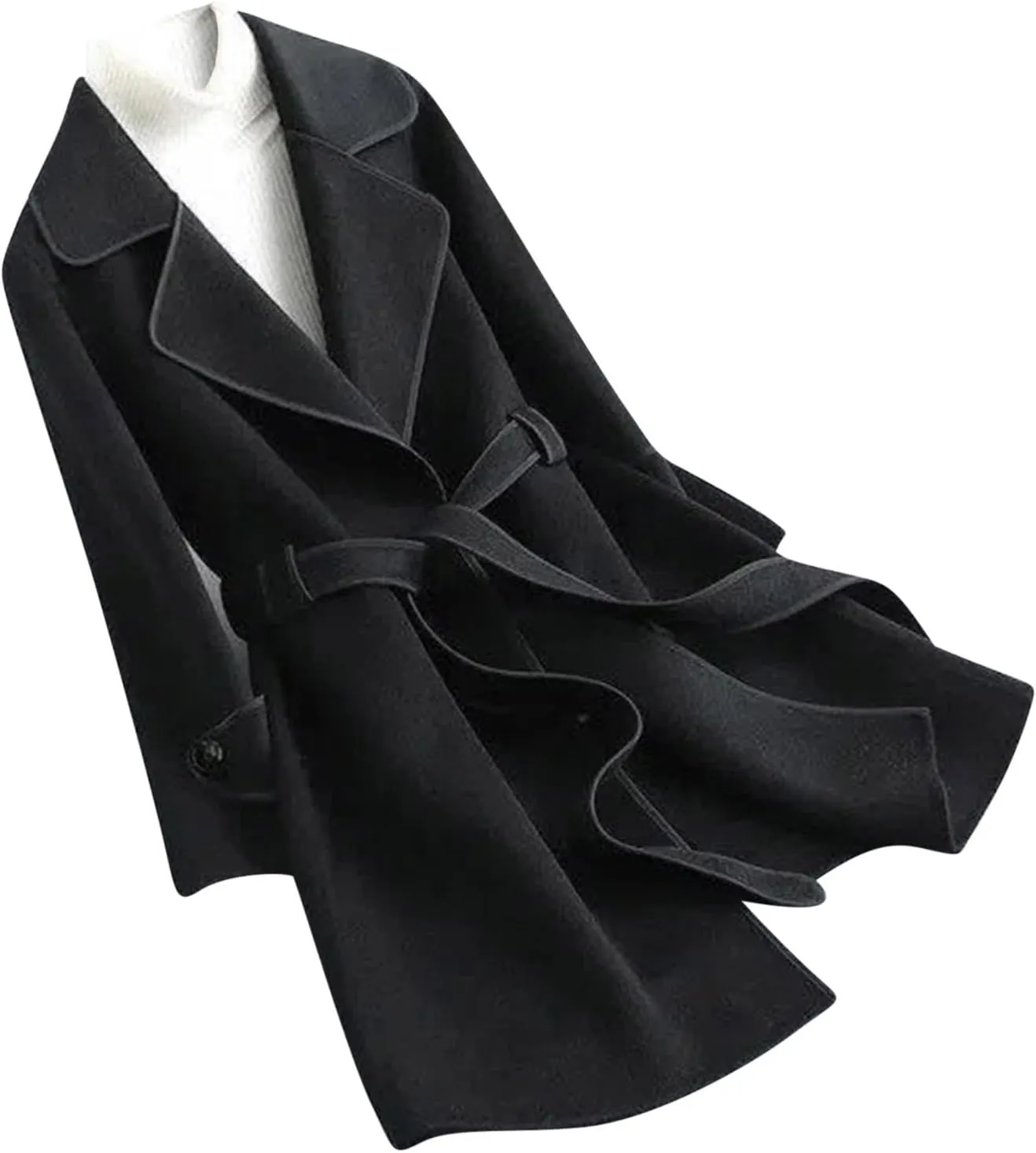 Womens Trench Coat Mid Length Trendy Open Front Knit Coats Winter Windbreaker Outerwear Classic Lapel Overcoat