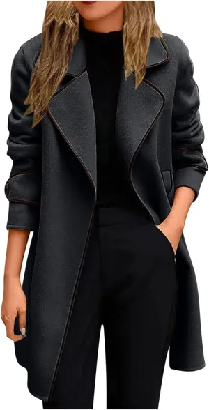 Womens Trench Coat Mid Length Trendy Open Front Knit Coats Winter Windbreaker Outerwear Classic Lapel Overcoat