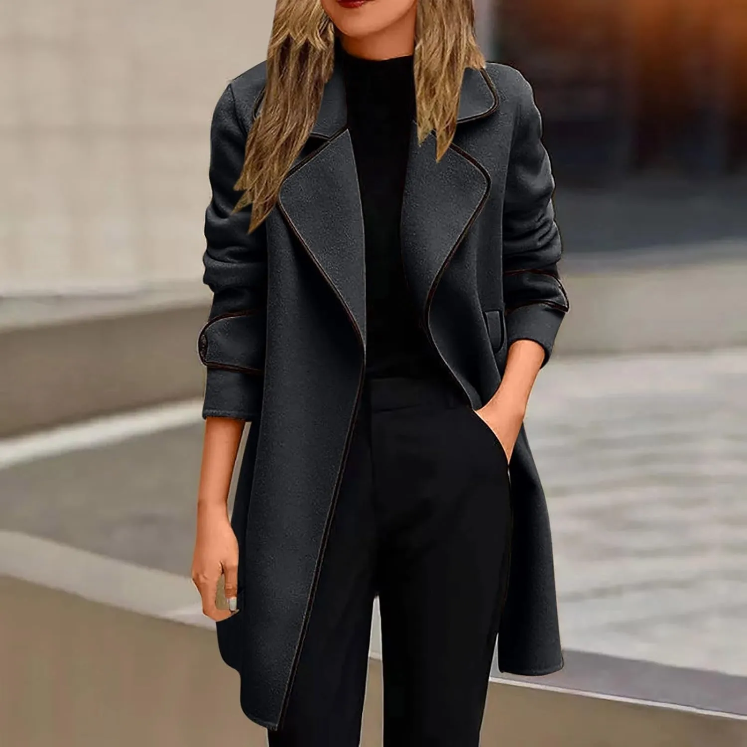 Womens Trench Coat Mid Length Trendy Open Front Knit Coats Winter Windbreaker Outerwear Classic Lapel Overcoat