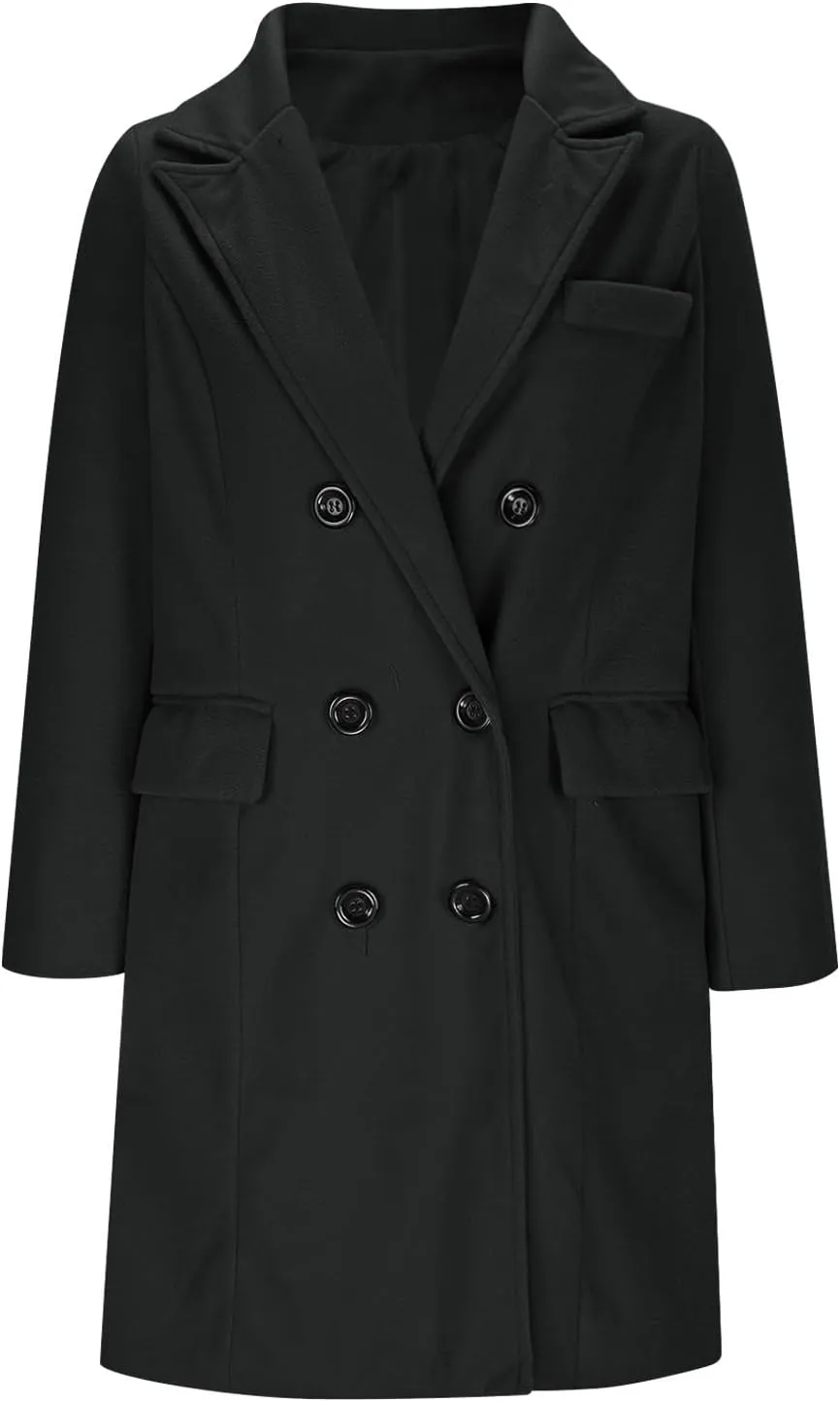 Womens Trench Coat Warm Double Breasted Wool Pea Coat Notched Lapel Long Sleeve Jacket Overcoat with Pockets