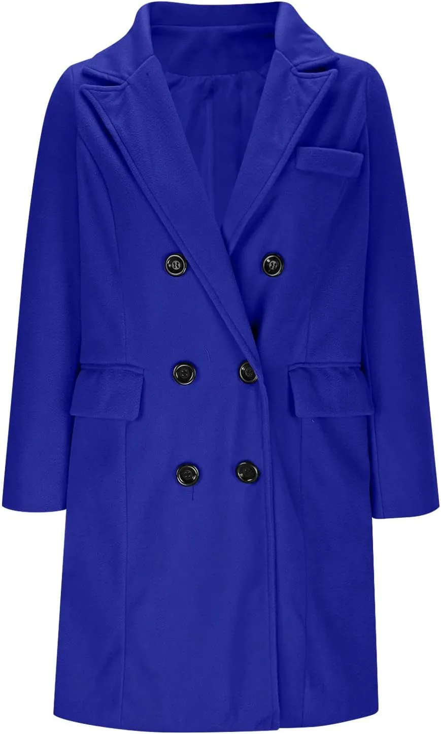 Womens Trench Coat Warm Double Breasted Wool Pea Coat Notched Lapel Long Sleeve Jacket Overcoat with Pockets