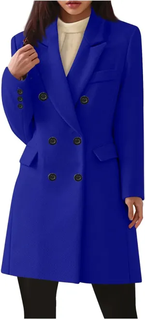 Womens Trench Coat Warm Double Breasted Wool Pea Coat Notched Lapel Long Sleeve Jacket Overcoat with Pockets