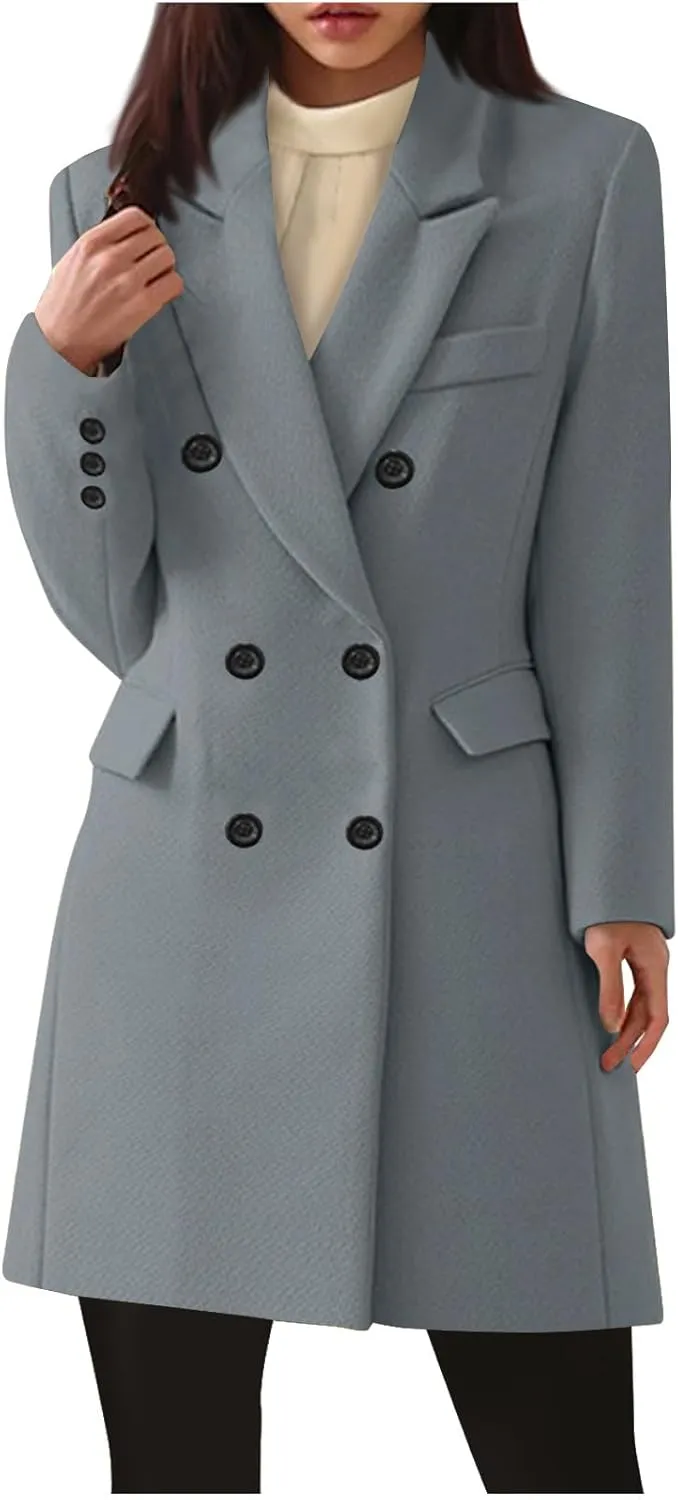 Womens Trench Coat Warm Double Breasted Wool Pea Coat Notched Lapel Long Sleeve Jacket Overcoat with Pockets