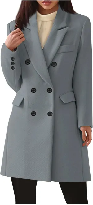 Womens Trench Coat Warm Double Breasted Wool Pea Coat Notched Lapel Long Sleeve Jacket Overcoat with Pockets