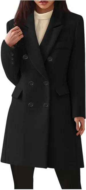 Womens Trench Coat Warm Double Breasted Wool Pea Coat Notched Lapel Long Sleeve Jacket Overcoat with Pockets