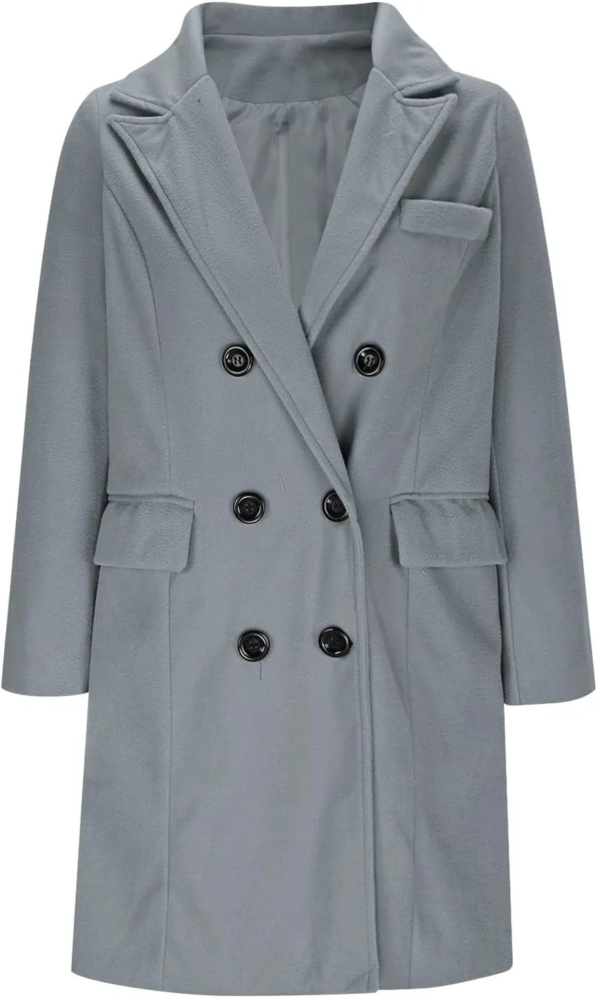 Womens Trench Coat Warm Double Breasted Wool Pea Coat Notched Lapel Long Sleeve Jacket Overcoat with Pockets