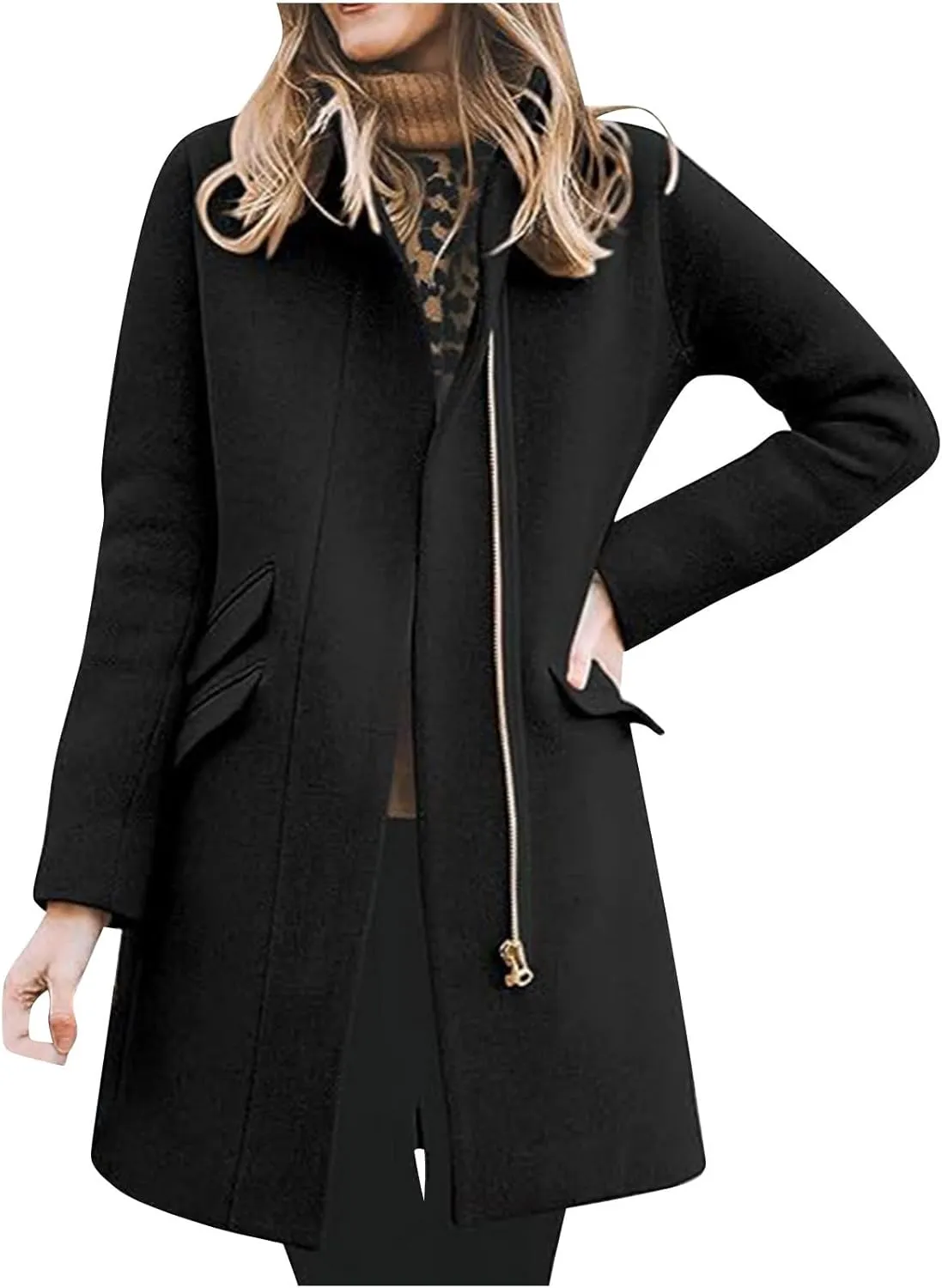 Womens Trench Coat Zip up Peacoat Wool Blend Long Coat Open Front Cardigan Casual Office Jacket Falll Winter Outfits
