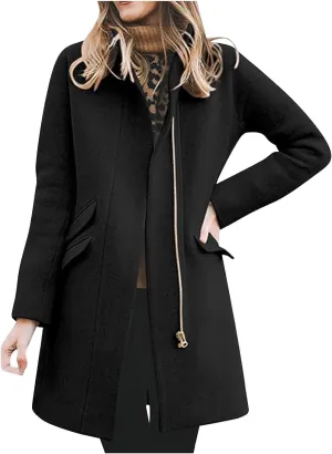 Womens Trench Coat Zip up Peacoat Wool Blend Long Coat Open Front Cardigan Casual Office Jacket Falll Winter Outfits