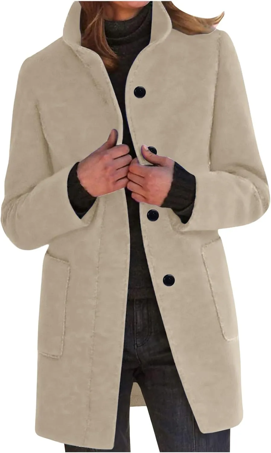Women's Trench Coats Casual Button Down Stand Collar Pea Coat Wool Blend Warm Winter Jacket Outerwear with Pockets