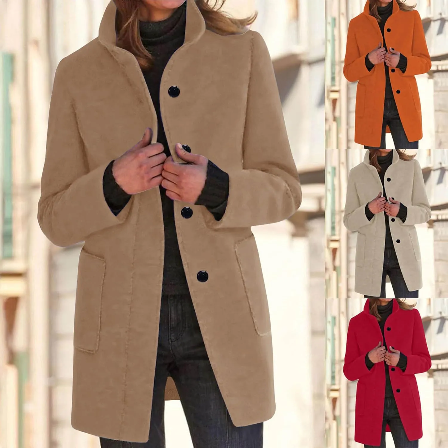Women's Trench Coats Casual Button Down Stand Collar Pea Coat Wool Blend Warm Winter Jacket Outerwear with Pockets