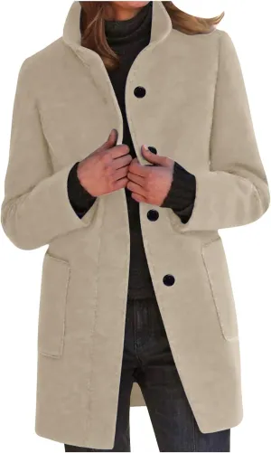 Women's Trench Coats Casual Button Down Stand Collar Pea Coat Wool Blend Warm Winter Jacket Outerwear with Pockets