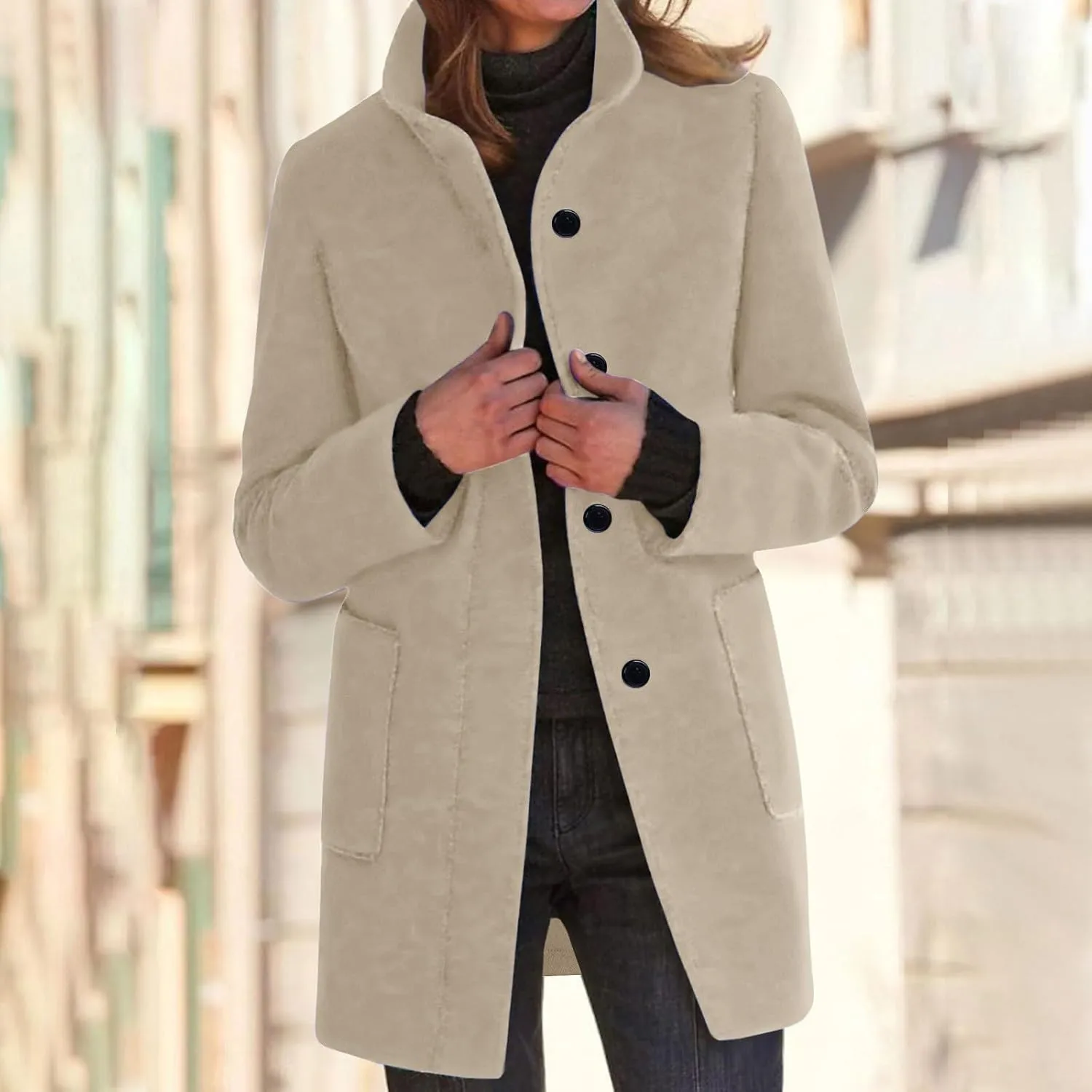 Women's Trench Coats Casual Button Down Stand Collar Pea Coat Wool Blend Warm Winter Jacket Outerwear with Pockets