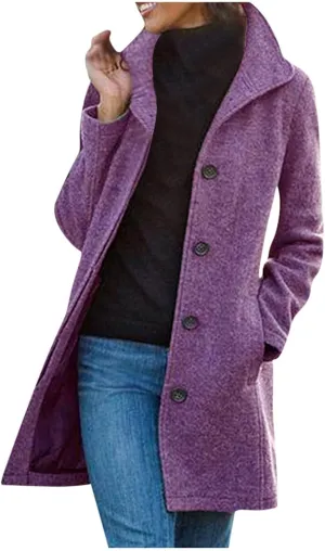 Women's Trench Coats, Mid Long Retro Single-Breasted Winter Outwear Classic Lapel Overcoat Solid Outerwear