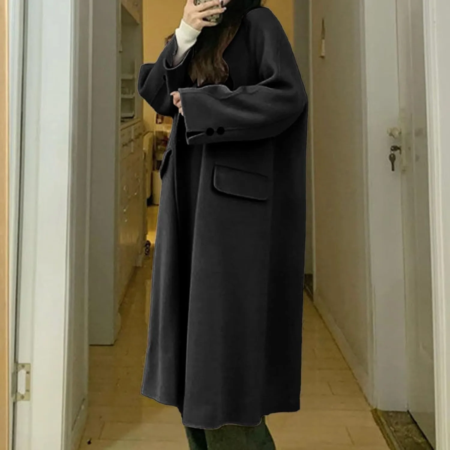 Womens Trench Coats Winter Wool Blend Peacoat Elegant Lapel Collar Double Breasted Overcoat With Pockets