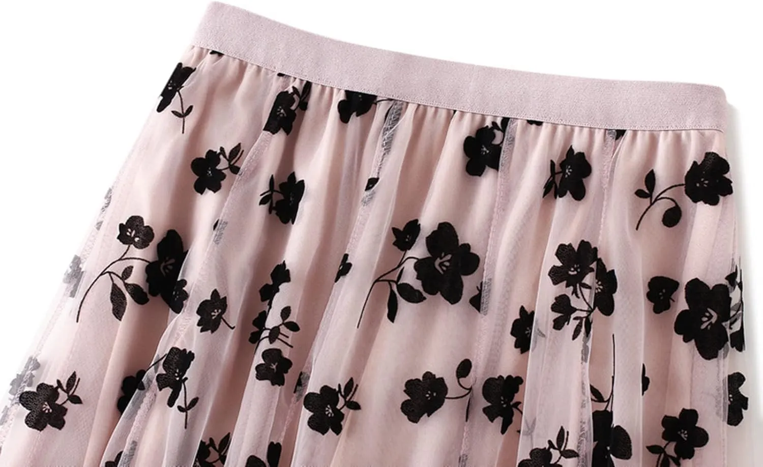 Women's Tulle A-Line Maxi Skirt, Elastic High Waist Layered Skirt Floral Print Mesh Midi Skirt