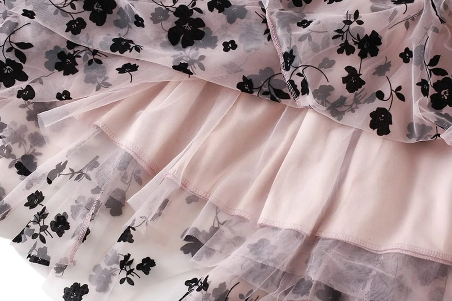 Women's Tulle A-Line Maxi Skirt, Elastic High Waist Layered Skirt Floral Print Mesh Midi Skirt