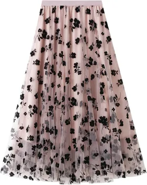 Women's Tulle A-Line Maxi Skirt, Elastic High Waist Layered Skirt Floral Print Mesh Midi Skirt