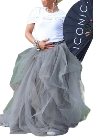 Women's Tulle Maxi Skirt Floor Length Layered High Waist Puff Mesh Tutu Skirt Split Wedding Evening Party Skirt