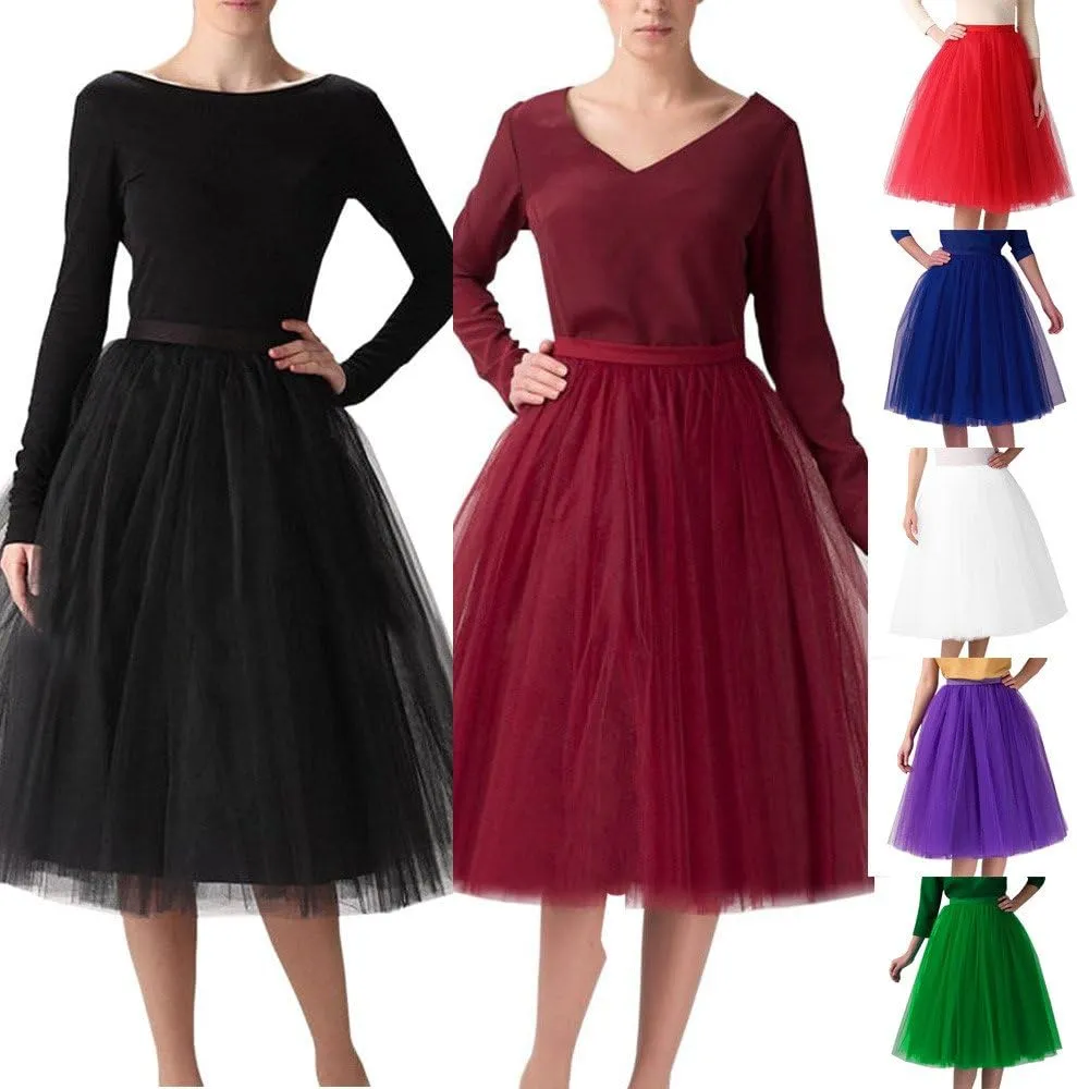 Women's Tulle Skirts Midi Elastic High Waist Pleated Mesh Flowy A-Line Party Long Tutu Skirts Rave Festival Skirt
