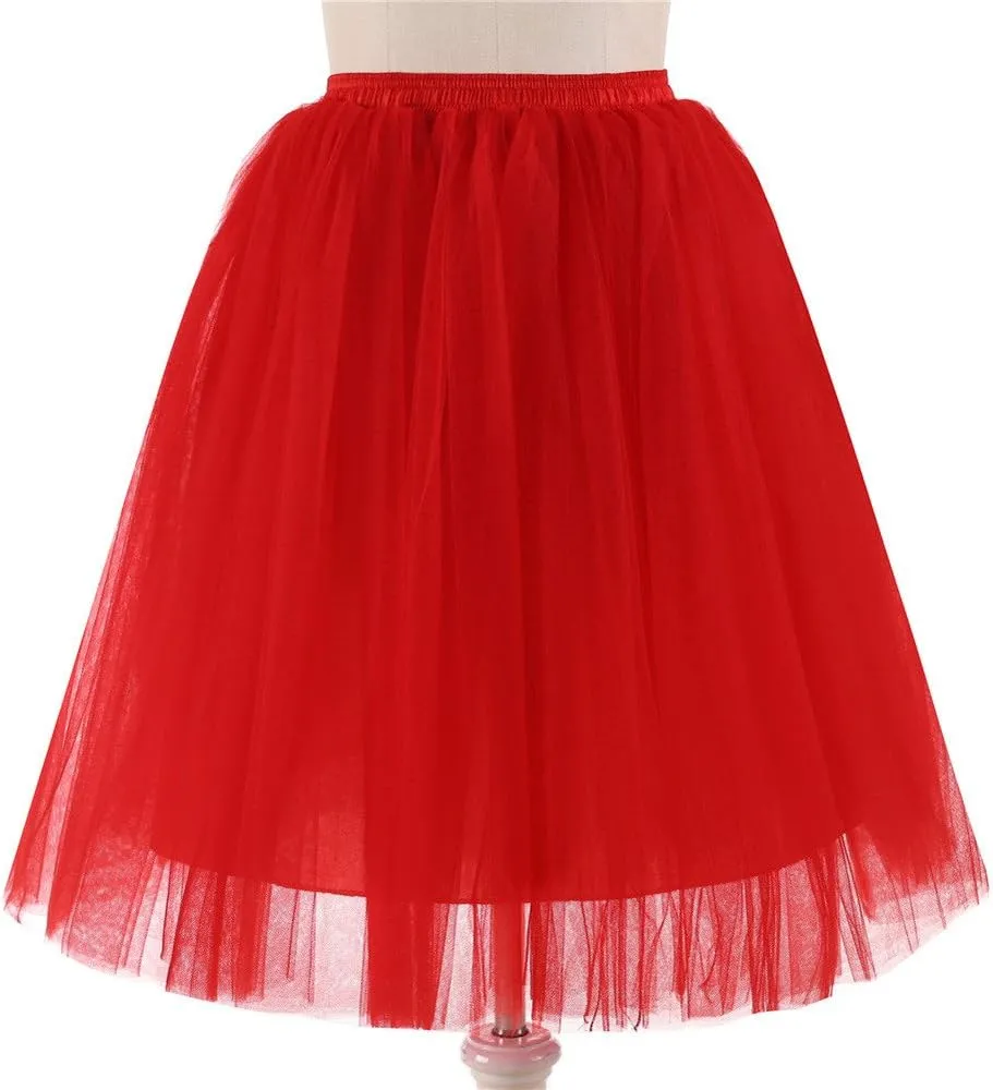 Women's Tulle Skirts Midi Elastic High Waist Pleated Mesh Flowy A-Line Party Long Tutu Skirts Rave Festival Skirt
