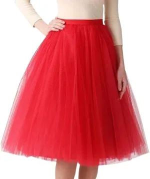 Women's Tulle Skirts Midi Elastic High Waist Pleated Mesh Flowy A-Line Party Long Tutu Skirts Rave Festival Skirt
