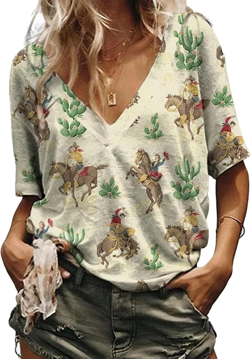 Women's Western Shirt Casual Cactus V-Neck T-Shirt Cowgirl Western Pattern Short Sleeve Loose Ladies Western Tops
