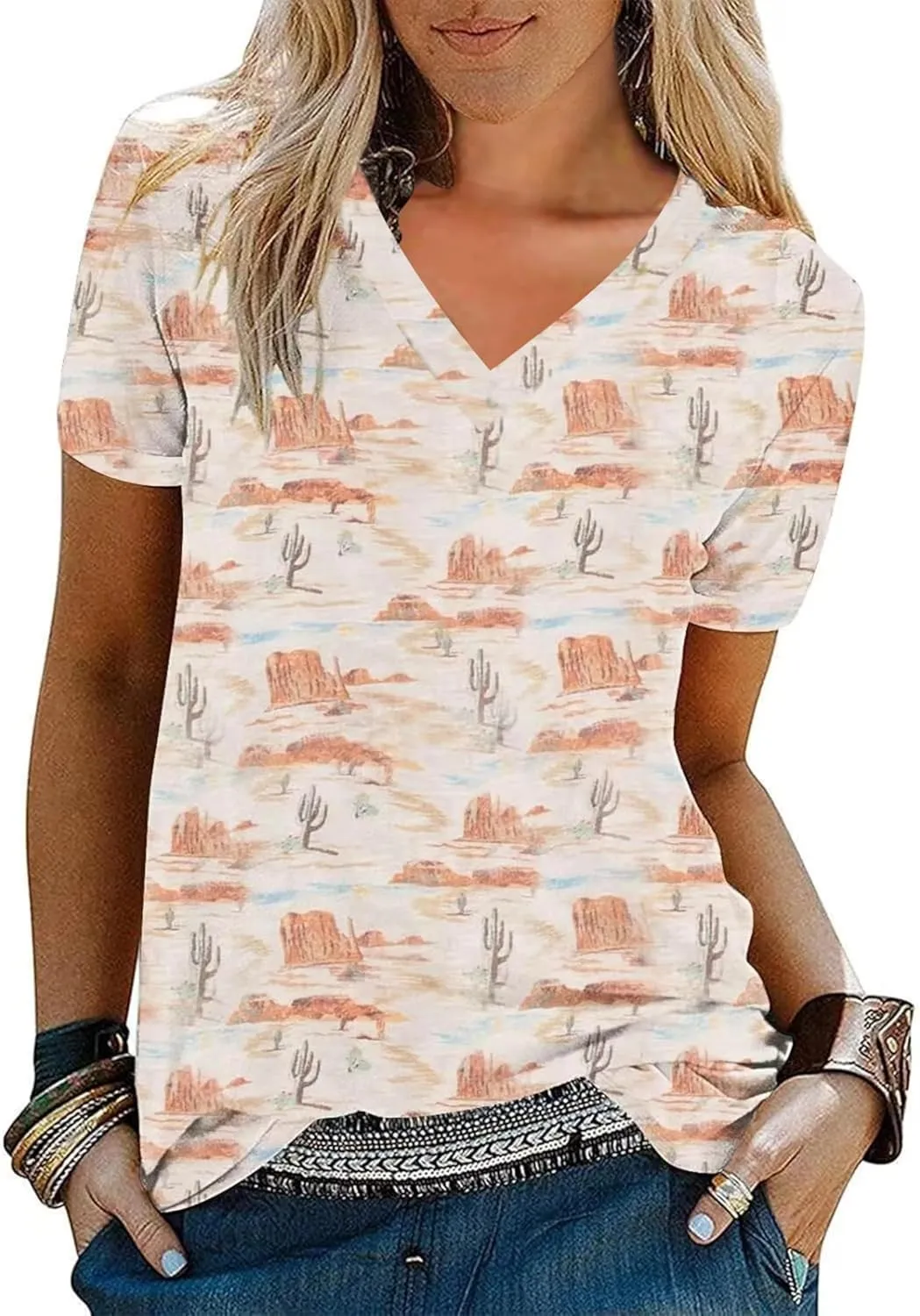 Women's Western Shirt Casual Cactus V-Neck T-Shirt Cowgirl Western Pattern Short Sleeve Loose Ladies Western Tops