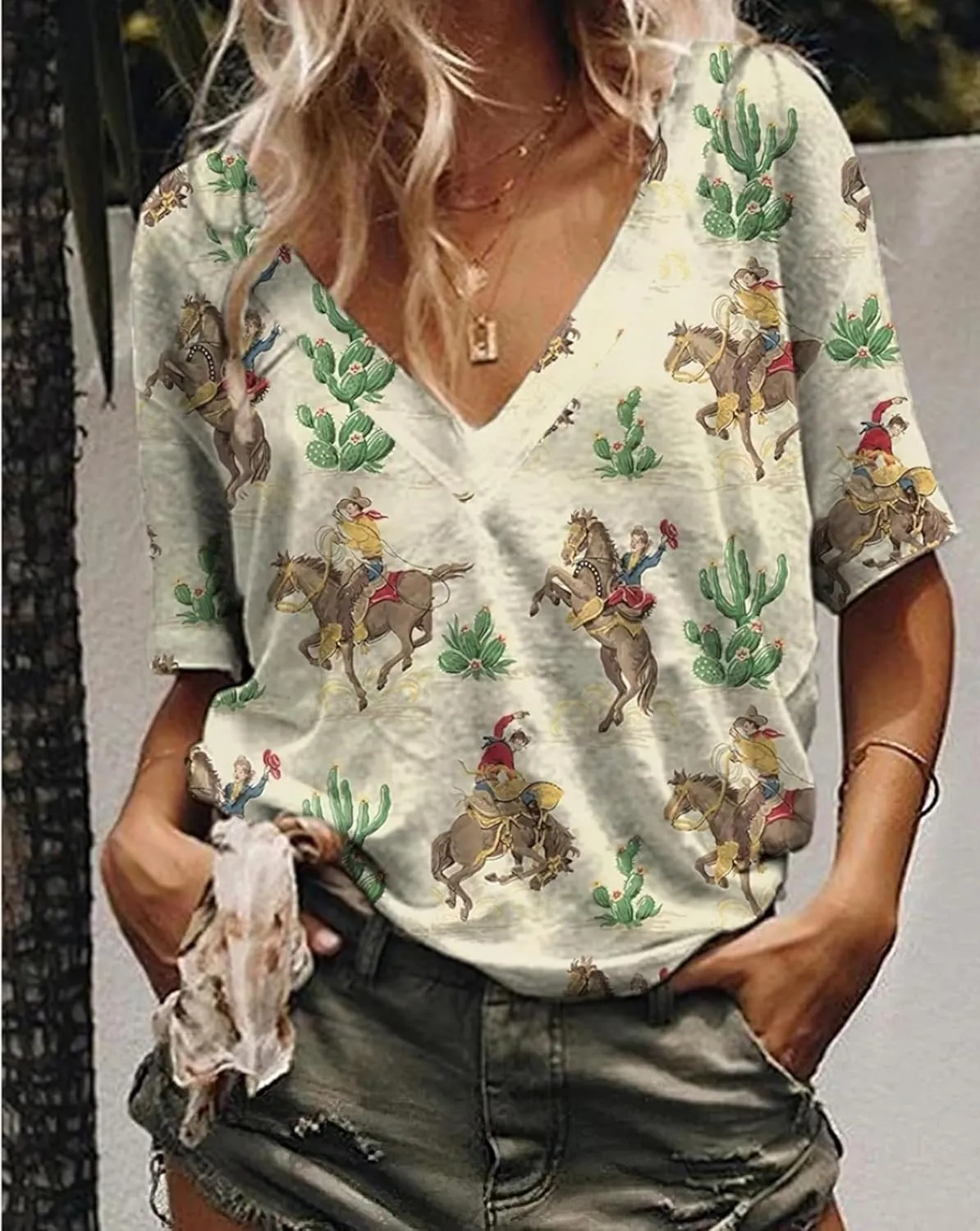 Women's Western Shirt Casual Cactus V-Neck T-Shirt Cowgirl Western Pattern Short Sleeve Loose Ladies Western Tops