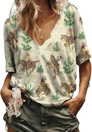 Women's Western Shirt Casual Cactus V-Neck T-Shirt Cowgirl Western Pattern Short Sleeve Loose Ladies Western Tops