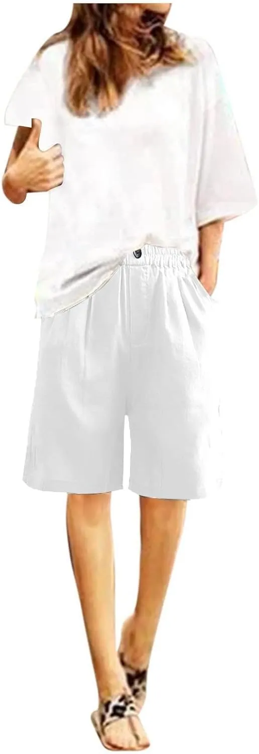 Womens Wide Leg Cotton Linen Shorts Comfy Bermuda Shorts Summer Casual Short Pants Loose Knee Length Shorts